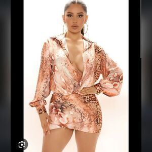 Fashion Nova Hearts Desire Satin Mini Dress in Rust Snakeskin Size M